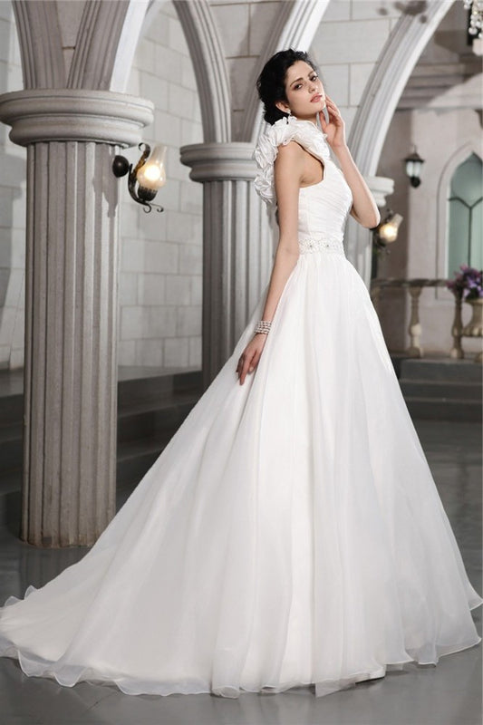 A-Line/Princess One-Shoulder Sleeveless Long Beading Organza Wedding Dresses