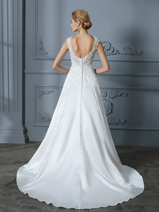 V-neck Applique Train Sweep/Brush A-Line/Princess Sleeveless Satin Wedding Dresses