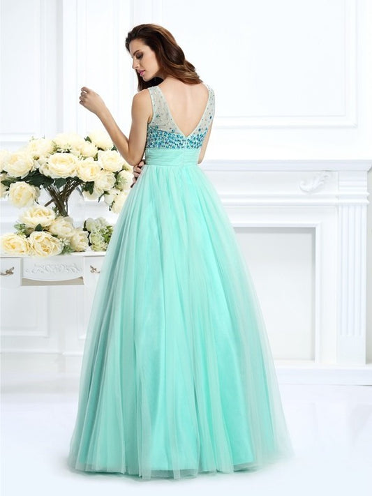 Bateau Gown Beading Sleeveless Long Ball Chiffon Quinceanera Dresses