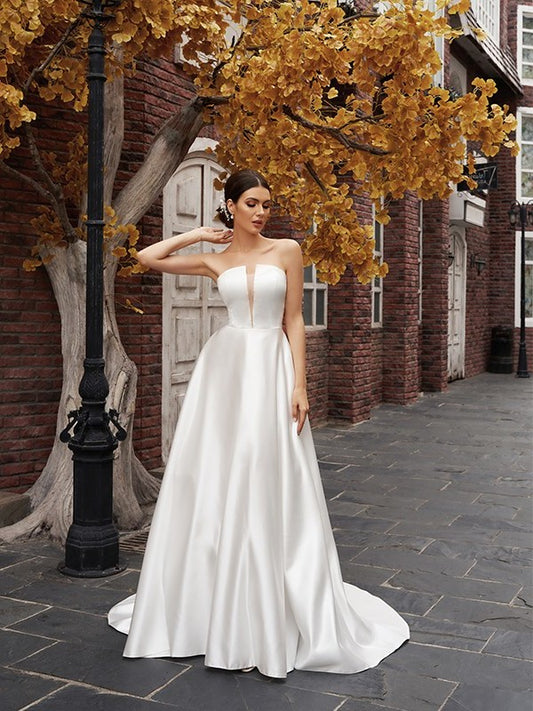 Sweep/Brush Ruffles Strapless A-Line/Princess Sleeveless Satin Train Wedding Dresses