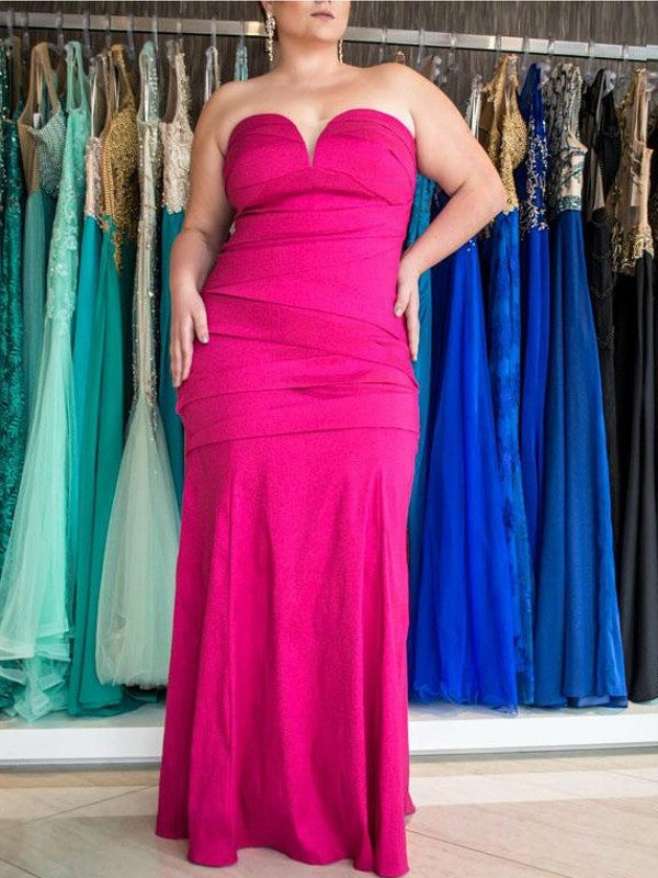 Woven Elastic Sleeveless Satin Sweetheart Floor-Length Ruched Trumpet/Mermaid Plus Size Dresses