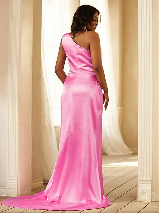 Satin Sleeveless One-Shoulder Elastic Woven Sheath/Column Ruched Sweep/Brush Train Dresses