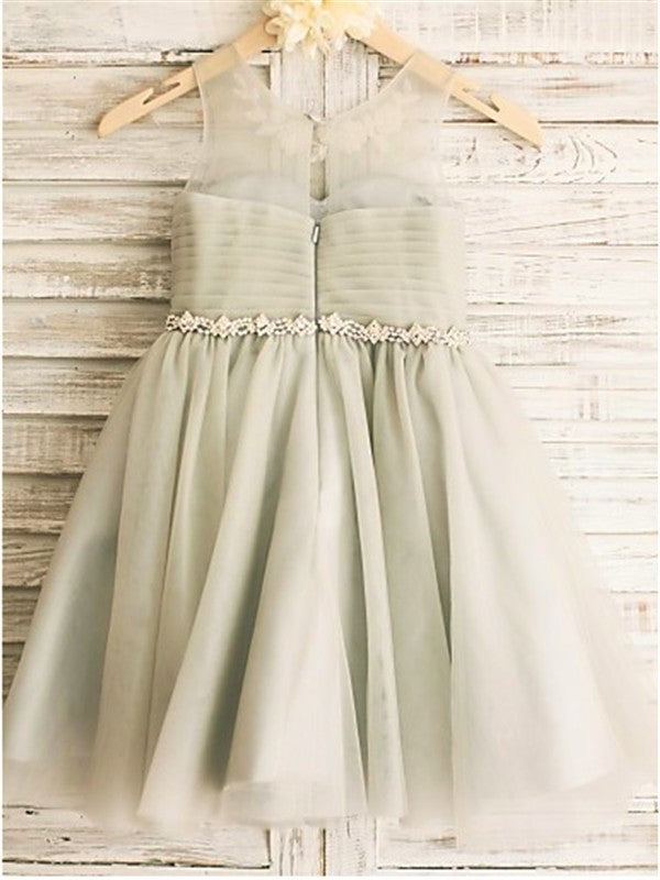 Tea-Length Beading A-line/Princess Scoop Sleeveless Tulle Flower Girl Dresses