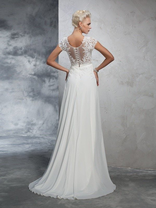 Short Neck Long Sheer A-Line/Princess Applique Sleeves Chiffon Wedding Dresses