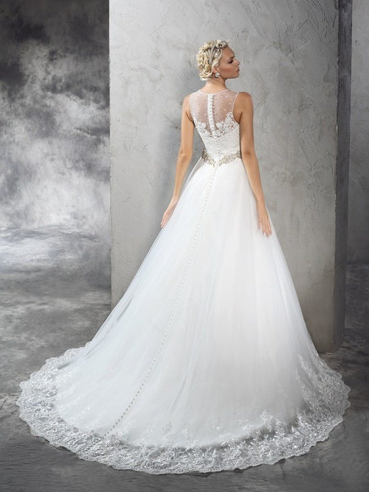 Long Beading A-Line/Princess Sleeveless Sheer Neck Net Wedding Dresses