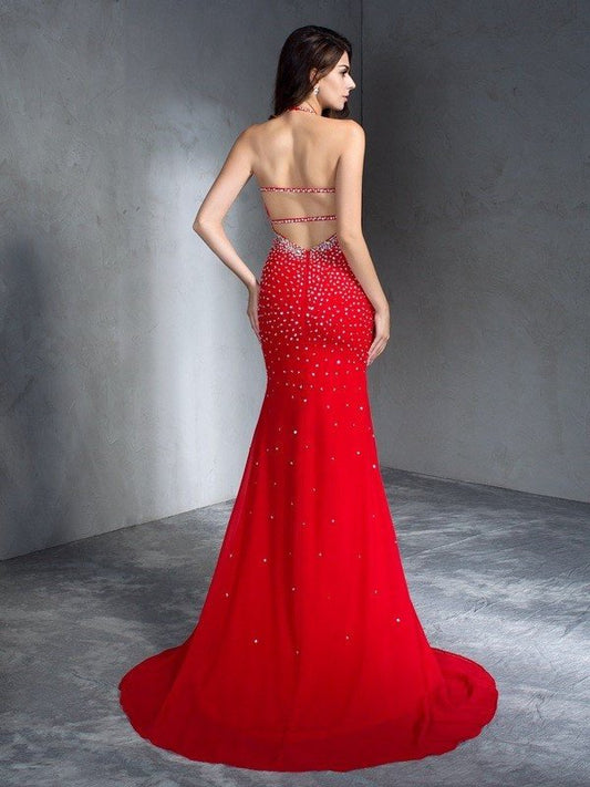 Sleeveless Beading Trumpet/Mermaid Halter Long Chiffon Dresses