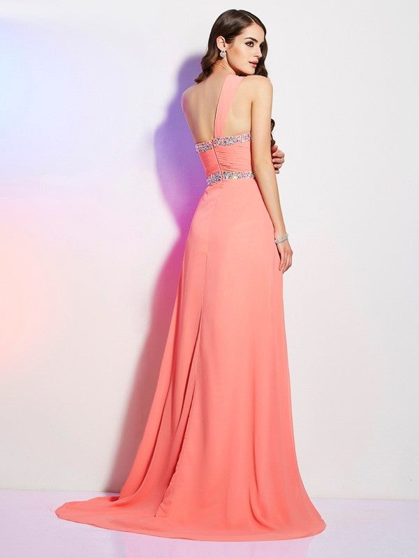 A-Line/Princess One-Shoulder Beading Sleeveless Long Chiffon Dresses