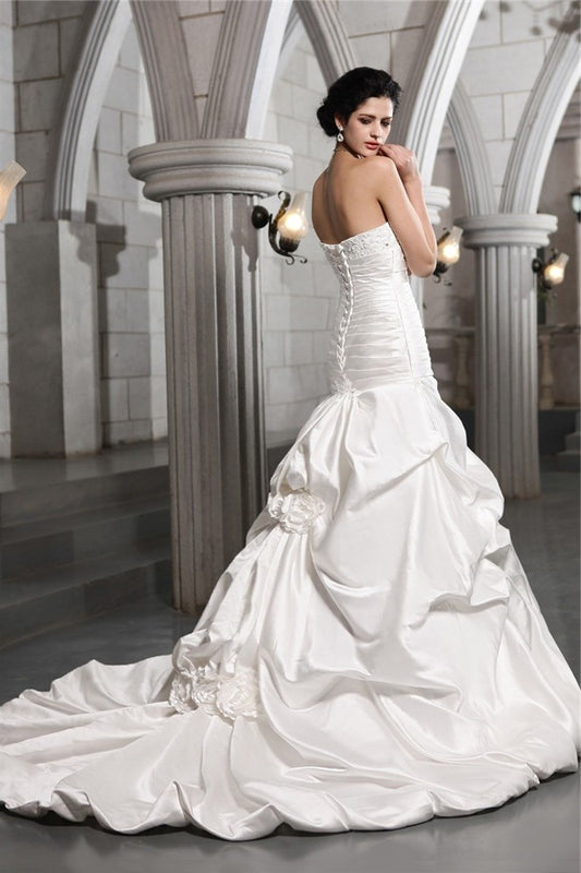 Beading Sleeveless Flower Strapless Applique Hand-Made A-Line/Princess Long Satin Wedding Dresses