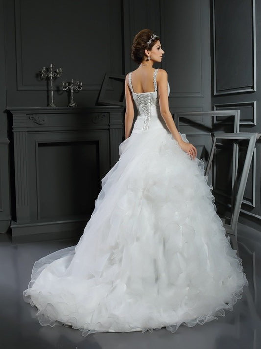 Long Gown Ball V-neck Sleeveless Ruffles Organza Wedding Dresses