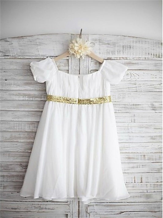 Beading Bateau Chiffon A-line/Princess Tea-Length Sleeves Short Flower Girl Dresses