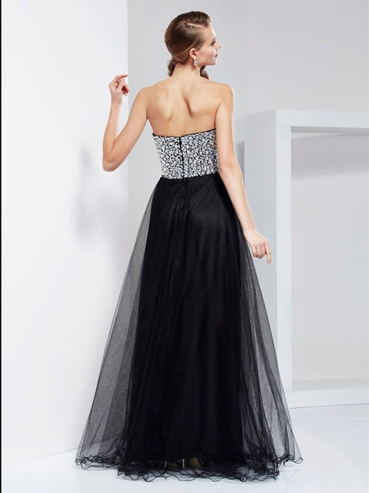 Long Crystal Beading Sleeveless Sweetheart A-Line/Princess Elastic Woven Satin Dresses