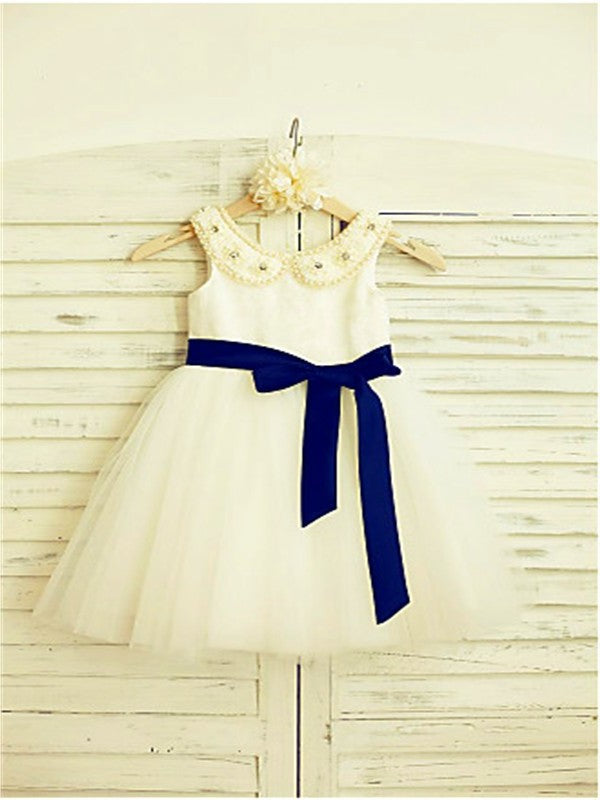 Bowknot Tea-Length Tulle Scoop A-line/Princess Sleeveless Flower Girl Dresses