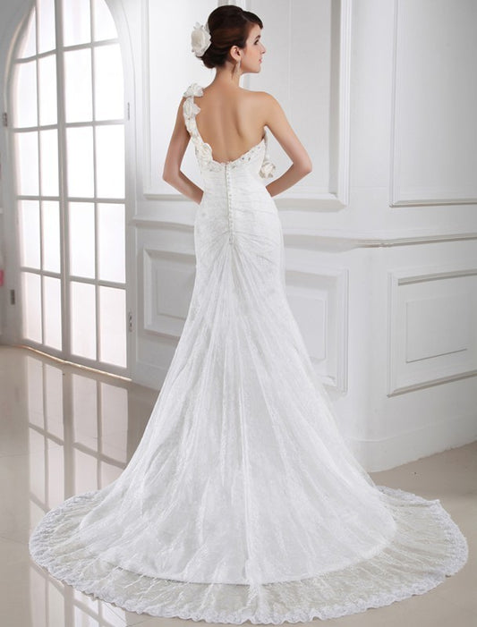 Trumpet/Mermaid Sleeveless One-shoulder Beading Lace Satin Long Wedding Dresses