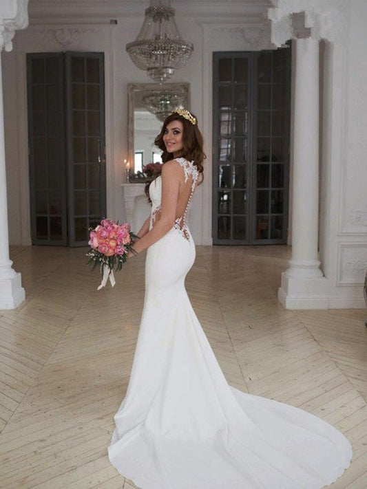 Applique Train Trumpet/Mermaid Sleeveless Sweep/Brush Scoop Lace Wedding Dresses