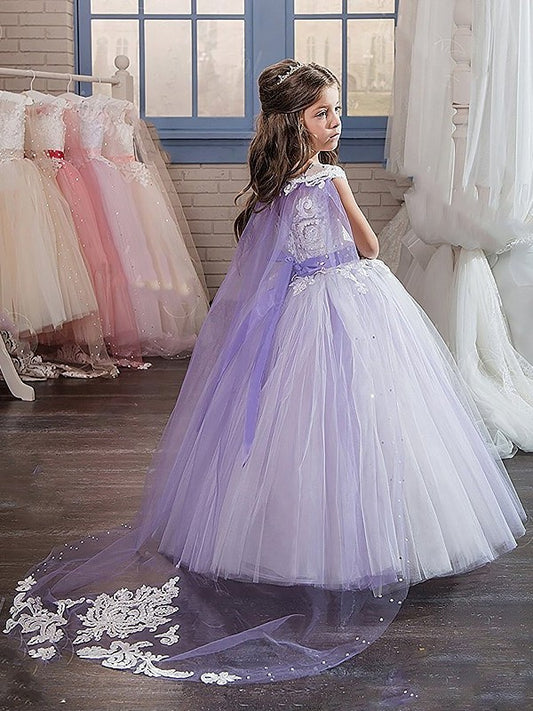 Gown Ball Jewel Floor-Length Sleeveless Tulle Applique Flower Girl Dresses