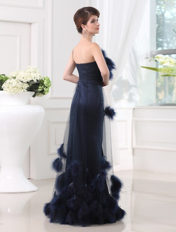 Satin Long Sleeveless Trumpet/Mermaid One-shoulder Tulle Feathers/Fur Dresses