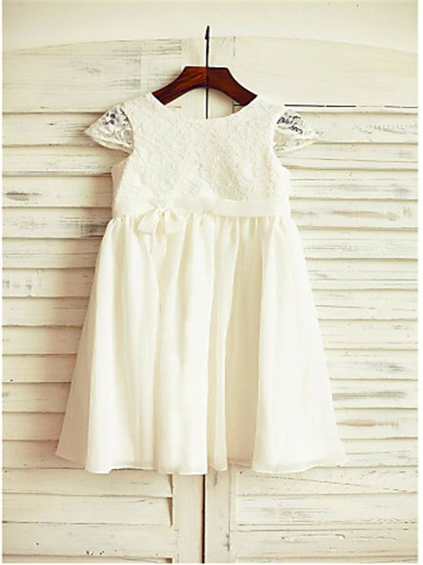 Lace Sleeves A-line/Princess Tea-Length Short Chiffon Scoop Flower Girl Dresses