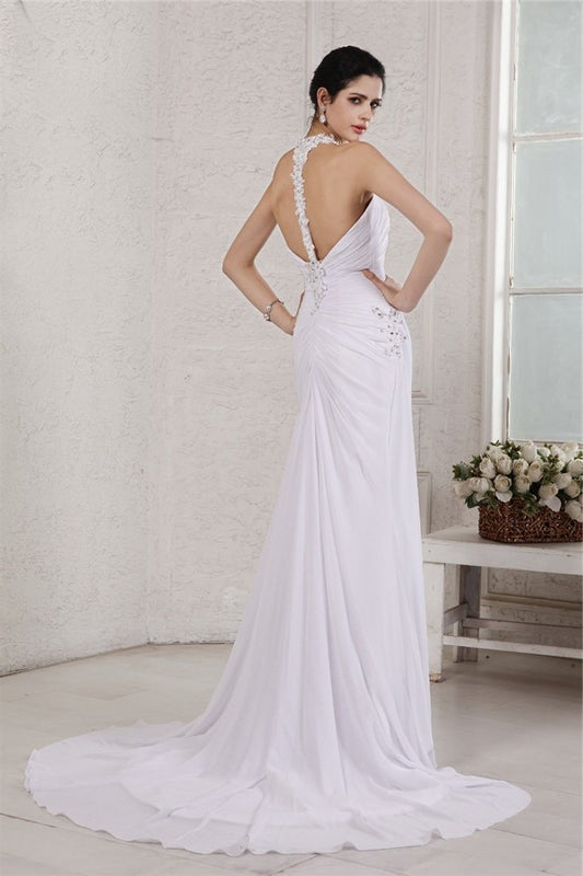 Sleeveless Trumpet/Mermaid Applique Beading Halter Long Chiffon Wedding Dresses