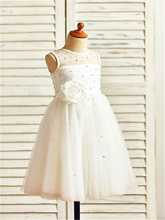 Hand-made Flower Tea-Length Sleeveless Tulle Scoop A-line/Princess Flower Girl Dresses