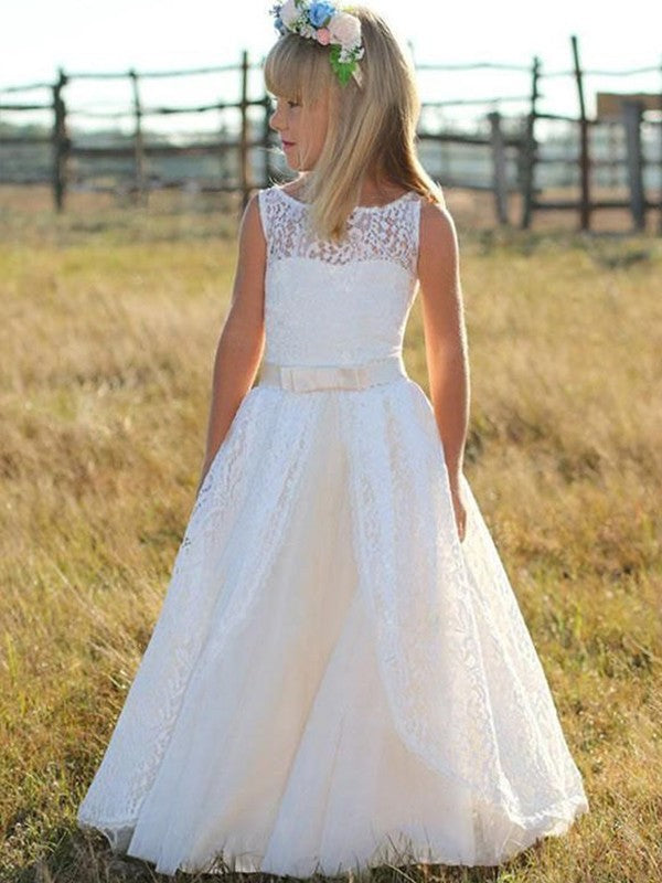 A-Line/Princess Sash/Ribbon/Belt Floor-Length Lace Scoop Sleeveless Flower Girl Dresses