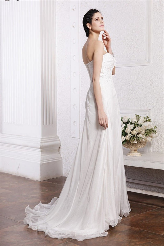 Hand-Made A-Line/Princess Strapless Long Sleeveless Beading Flower Chiffon Wedding Dresses