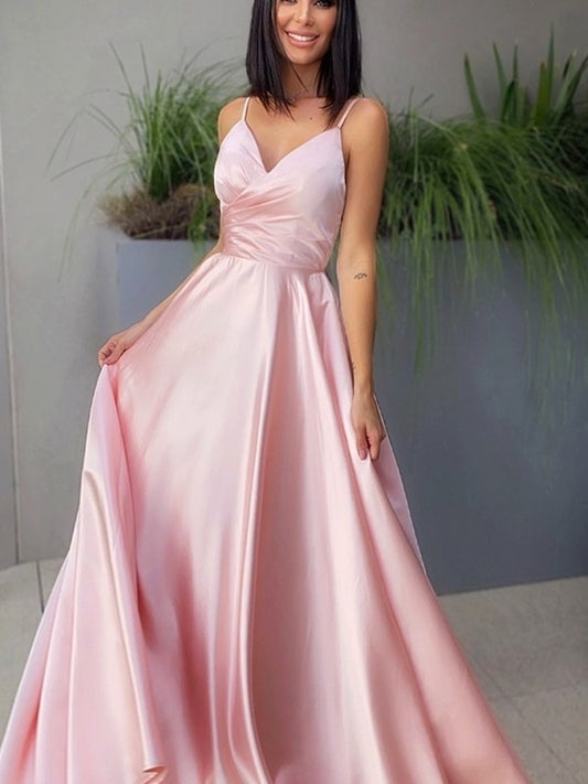 Satin V-neck Ruched A-Line/Princess Sleeveless Floor-Length Dresses