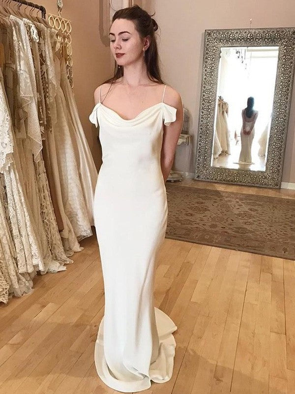 Spaghetti Sheath/Column Straps Sleeveless Ruched Sweep/Brush Spandex Train Wedding Dresses