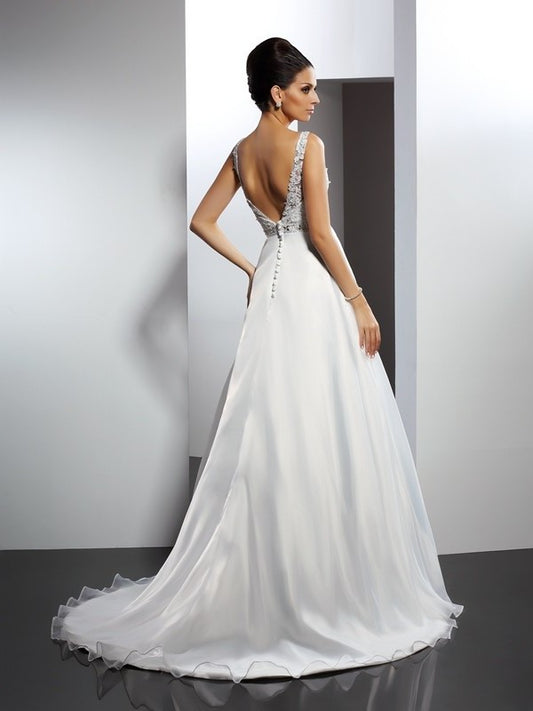 Ruffles A-Line/Princess Scoop Long Sleeveless Satin Wedding Dresses