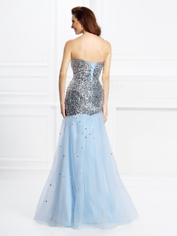 Sequin Sleeveless Sweetheart Trumpet/Mermaid Long Satin Dresses