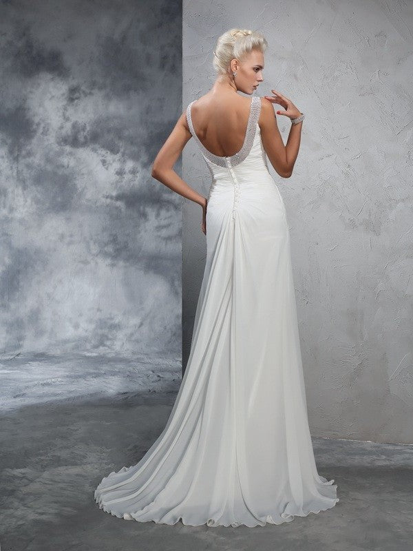 Trumpet/Mermaid Straps Sleeveless Ruched Long Chiffon Wedding Dresses