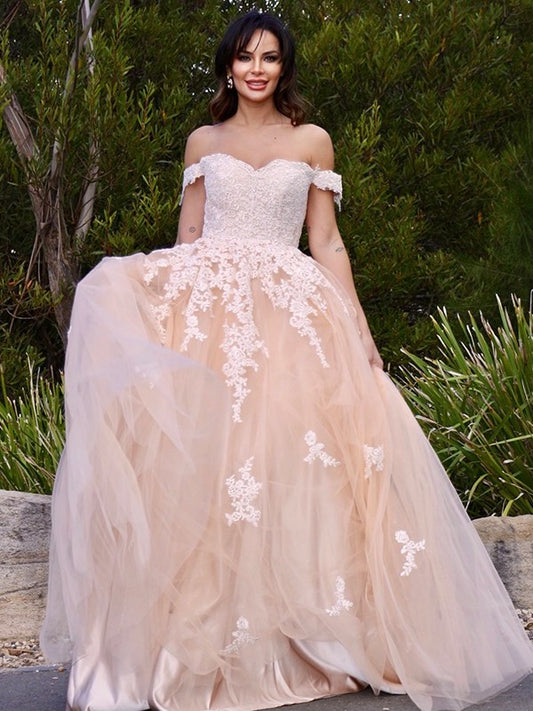 A-Line/Princess Tulle Off-the-Shoulder Applique Sleeveless Floor-Length Dresses