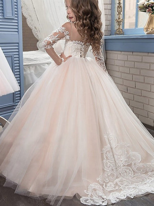 Tulle Sleeves Scoop Long Sweep/Brush Ball Gown Train Flower Girl Dresses