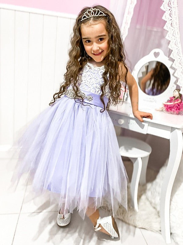 A-Line/Princess Scoop Knee-Length Lace Tulle Sleeveless Flower Girl Dresses