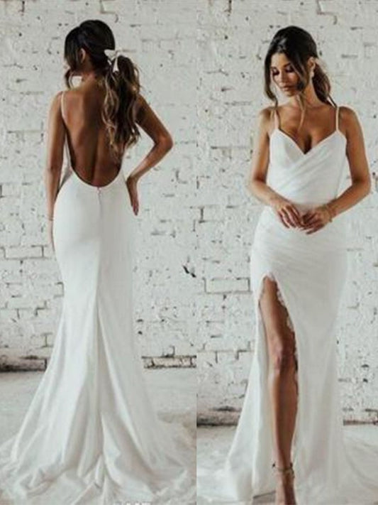 Sleeveless Sweep/Brush Ruched Straps Spaghetti Sheath/Column Train Wedding Dresses