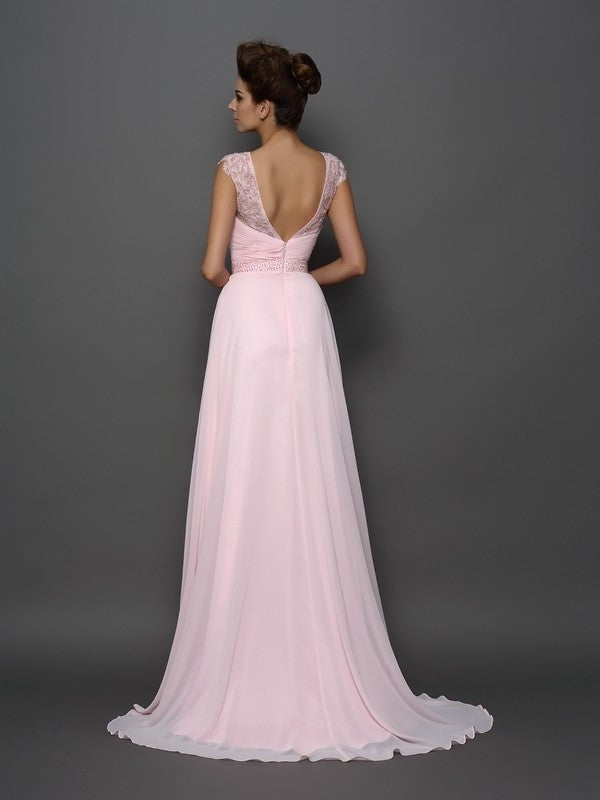 A-Line/Princess Beading Scoop Sleeveless Long Chiffon Dresses