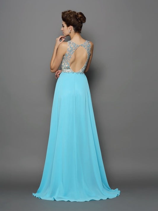 Scoop Sleeveless A-Line/Princess Beading Long Chiffon Dresses