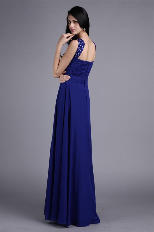 A-Line/Princess Sleeveless Straps Beading Long Chiffon Dresses