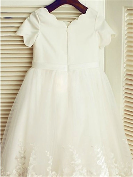 Scoop Sleeves Short Tea-Length Lace A-line/Princess Flower Girl Dresses