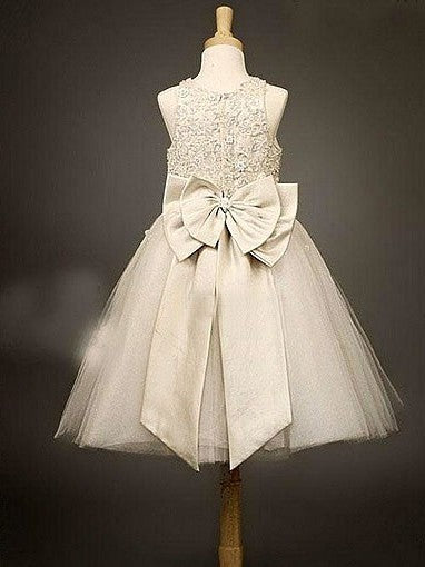 Bowknot A-line/Princess Scoop Long Sleeveless Tulle Flower Girl Dresses