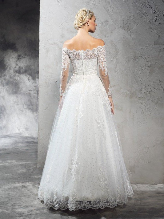 Lace Sleeves Ball Long Gown Off-the-Shoulder Long Net Wedding Dresses