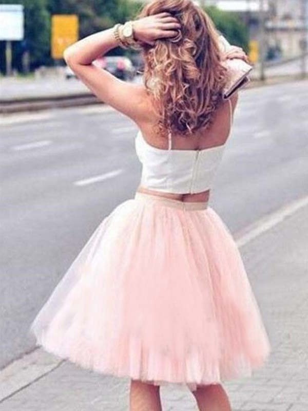 Knee-Length Spaghetti Tulle Straps A-Line/Princess Pleats Sleeveless Two Piece Dresses