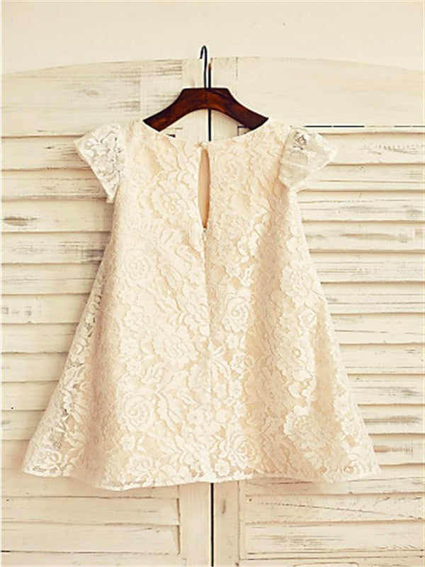 A-line/Princess Tea-Length Scoop Sleeves Short Lace Flower Girl Dresses