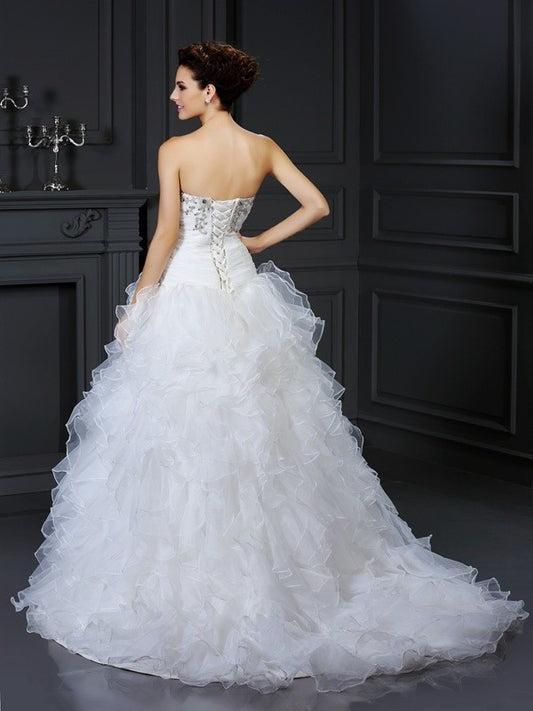 Strapless Beading Long Sleeveless Gown Ball Organza Wedding Dresses