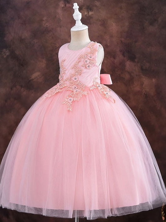 Sleeveless Applique Scoop Tulle Gown Ankle-Length Ball Flower Girl Dresses