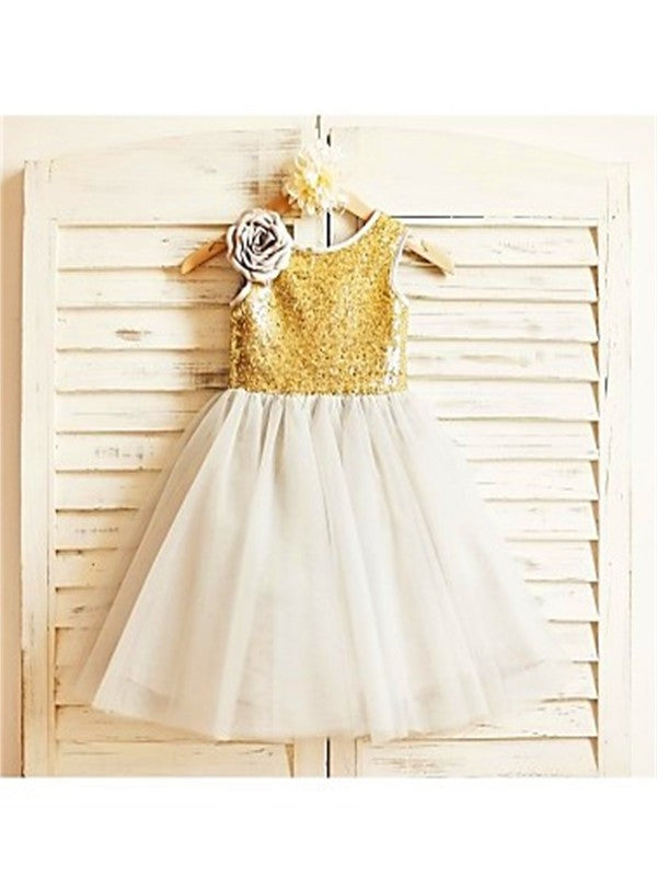 Sleeveless Sequin Tea-Length A-line/Princess Scoop Tulle Flower Girl Dresses