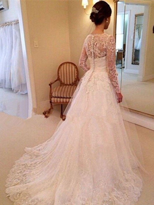 Ball Gown Long Court Train V-neck Sleeves Lace Tulle Wedding Dresses