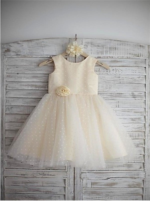 Sleeveless Tea-Length Hand-made Tulle Flower Scoop A-line/Princess Flower Girl Dresses