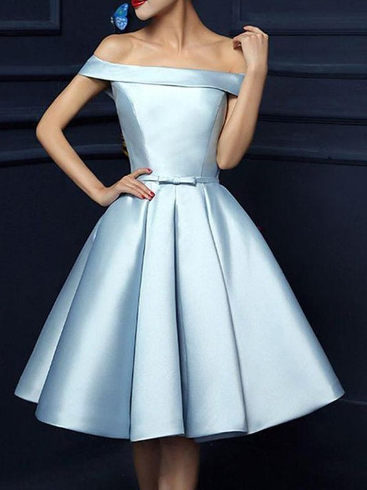 Off-the-Shoulder Bowknot Satin A-Line/Princess Sleeveless Knee-Length Dresses