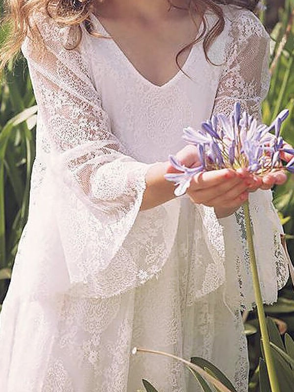 V-neck Lace A-Line/Princess Long Floor-Length Sleeves Flower Girl Dresses