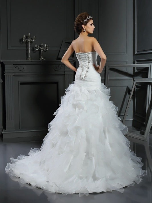 Trumpet/Mermaid Sweetheart Long Ruffles Sleeveless Organza Wedding Dresses